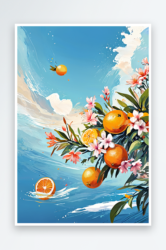 数字艺术手绘风水中的鲜花与柑橘海报