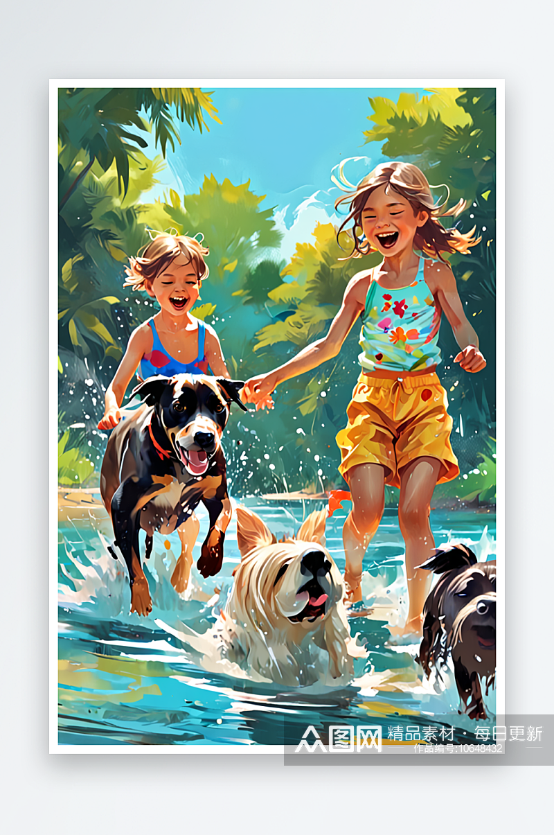 夏日暑假小孩子与狗狗一起玩水嬉戏素材