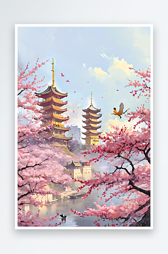 武汉市的黄鹤楼周围樱花正盛开背景