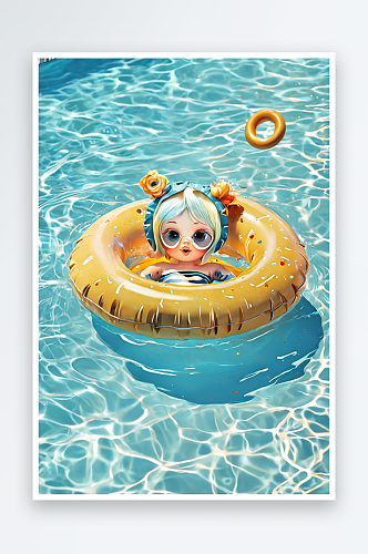 数字艺术夏日游泳池游泳圈蓝色清凉人偶可爱