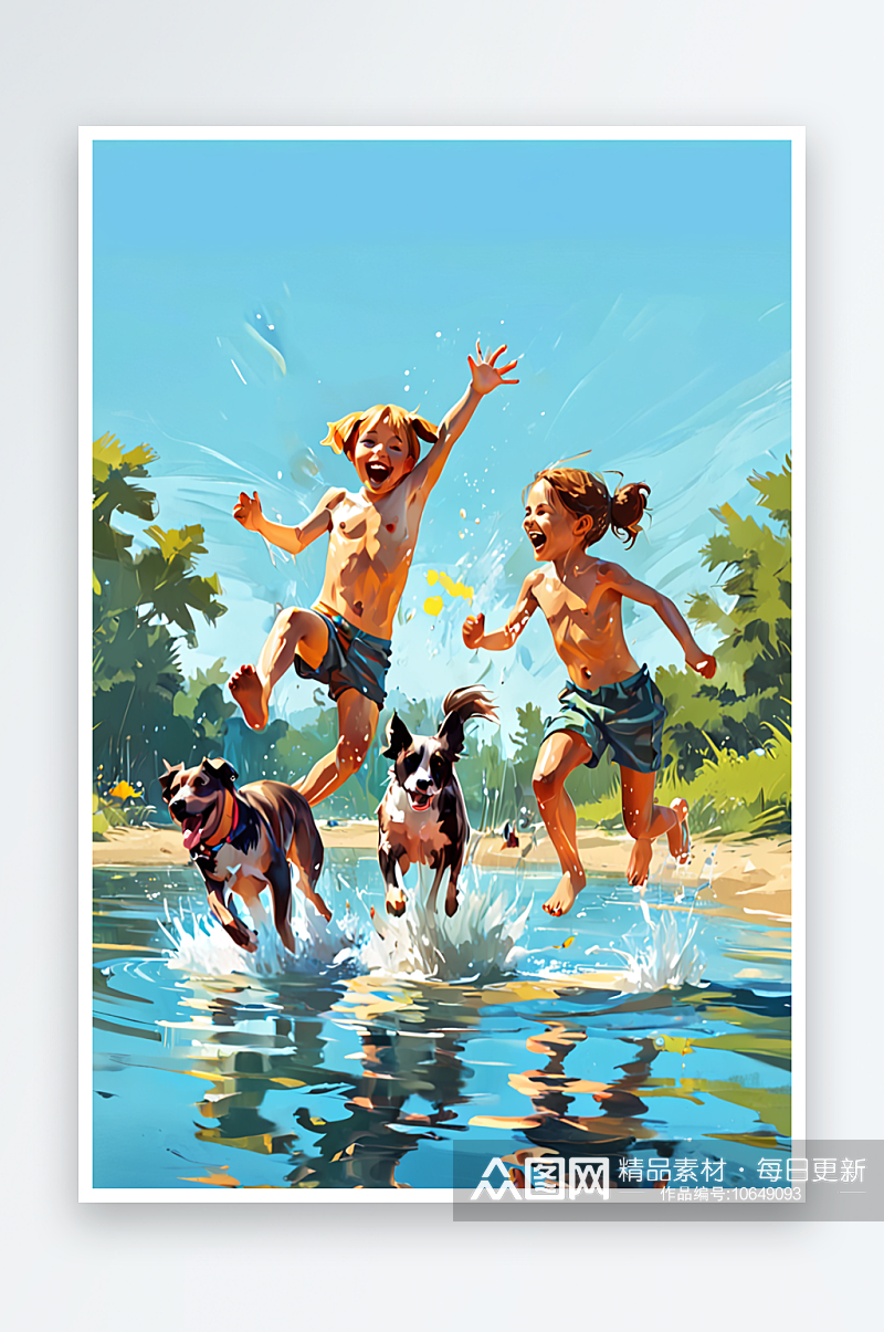 数字艺术夏日暑假小孩子与狗狗一起玩水嬉戏素材
