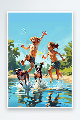 数字艺术夏日暑假小孩子与狗狗一起玩水嬉戏