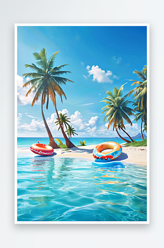 数字艺术夏日创意背景沙滩上的椰子树和海水