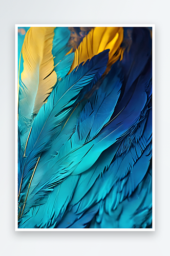 水蓝色的鸟羽毛在黄色的散景背景抽象艺术微
