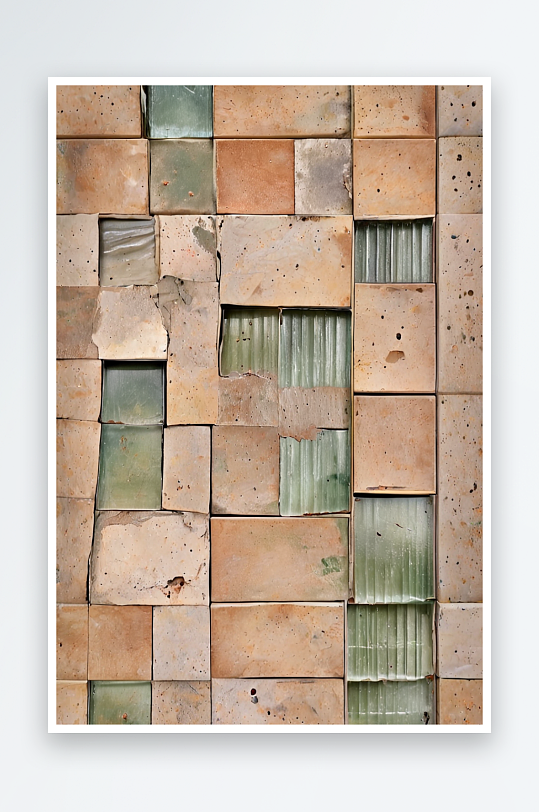 方形米色棱纹水泥墙砖与压碎的绿色透明和棕