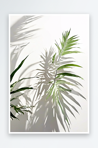抽象剪影阴影白色背景的自然树叶棕榈树枝落