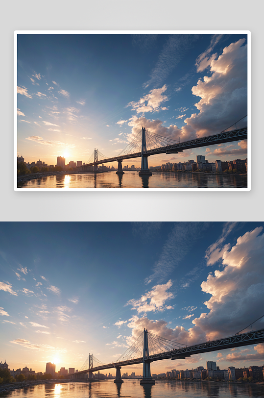 城建设桥梁河道蓝天白云日出景观图片
