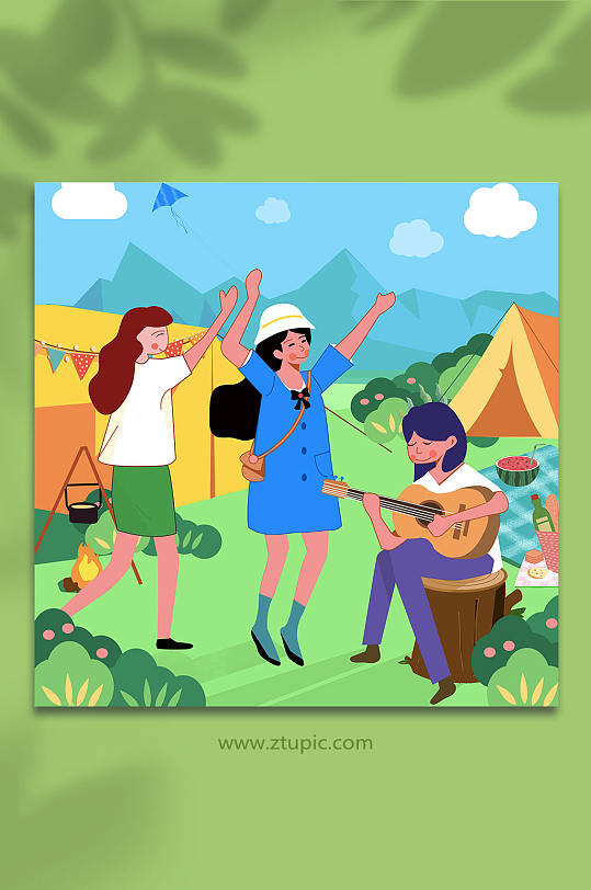 扁平化风格家人朋友旅游郊游野外聚餐露营插画-众图网