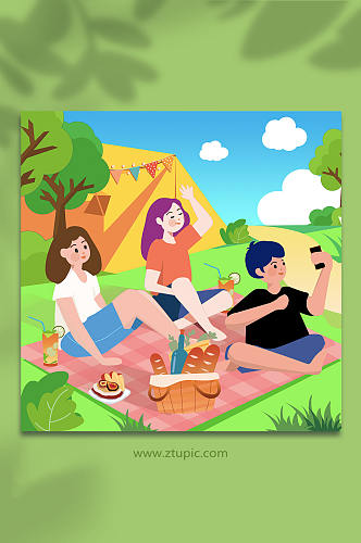扁平化风格野外团建旅游露营郊游游玩人物插画