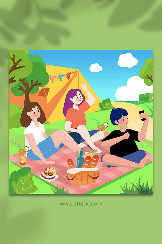 扁平化风格野外团建旅游露营郊游游玩人物插画