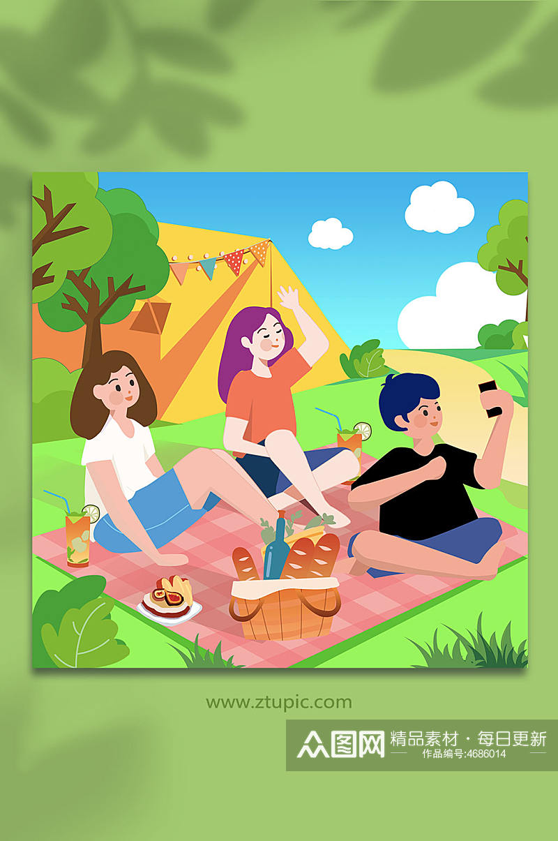 扁平化风格野外团建旅游露营郊游游玩人物插画素材