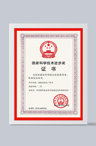 国家科学技术进步奖证书