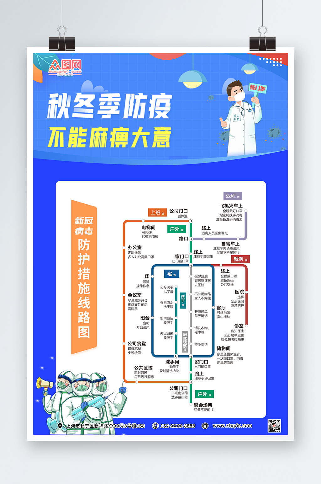 蓝色简约疫情防控线路图防疫海报素材