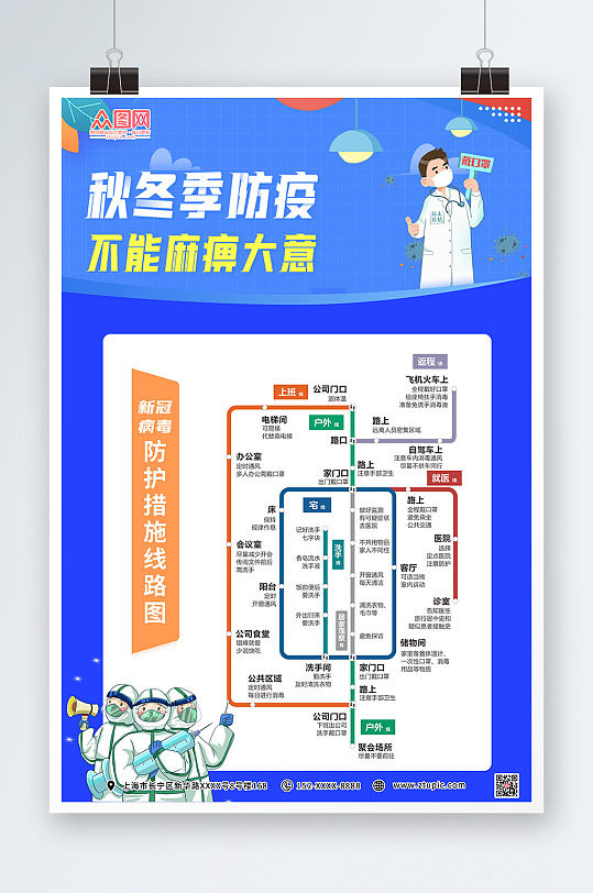 蓝色简约疫情防控线路图防疫海报