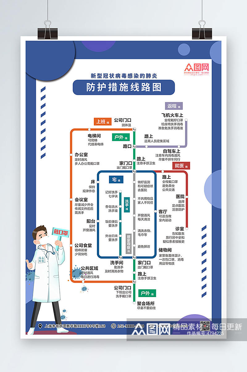 简约大方疫情防控线路图防疫海报素材