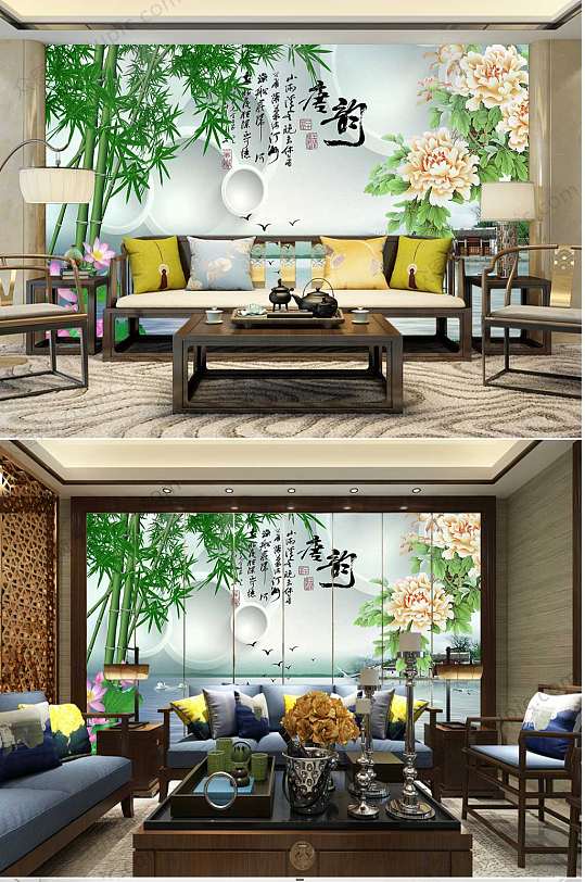 竹子牡丹花背景墙-众图网