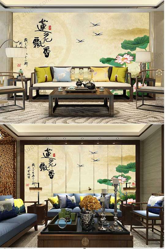 水墨莲花飘香电视背景墙