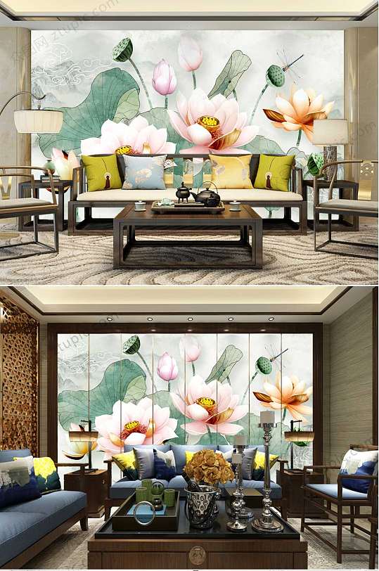 水墨荷花莲蓬客厅背景墙-众图网