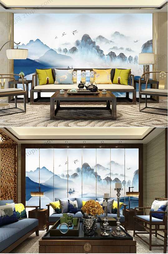 简约中国风蓝色山水背景墙-众图网