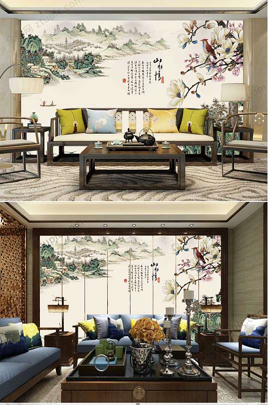 中国风山水画沙发背景墙-众图网