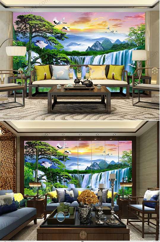 高山流水意境背景墙-众图网