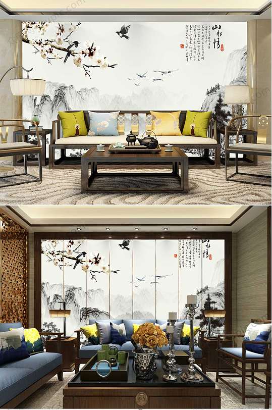 中国风水墨国画花鸟背景墙-众图网