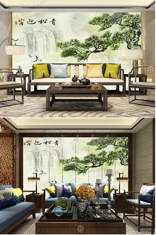 青松迎客客厅背景墙-众图网