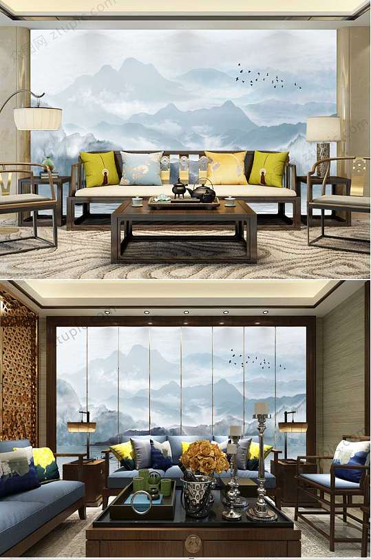 水墨中国风风景画背景墙-众图网