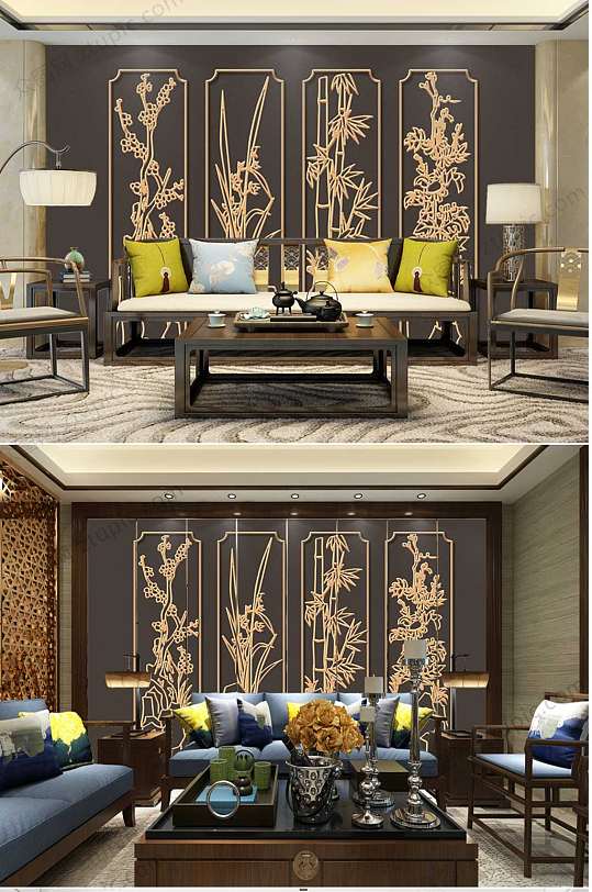 中式浮雕古金色植物背景墙