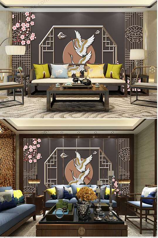 新中式飞鹤古典背景墙-众图网