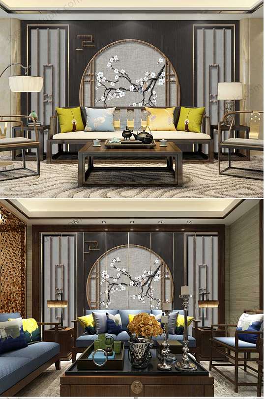 新中式屏风花鸟背景墙-众图网