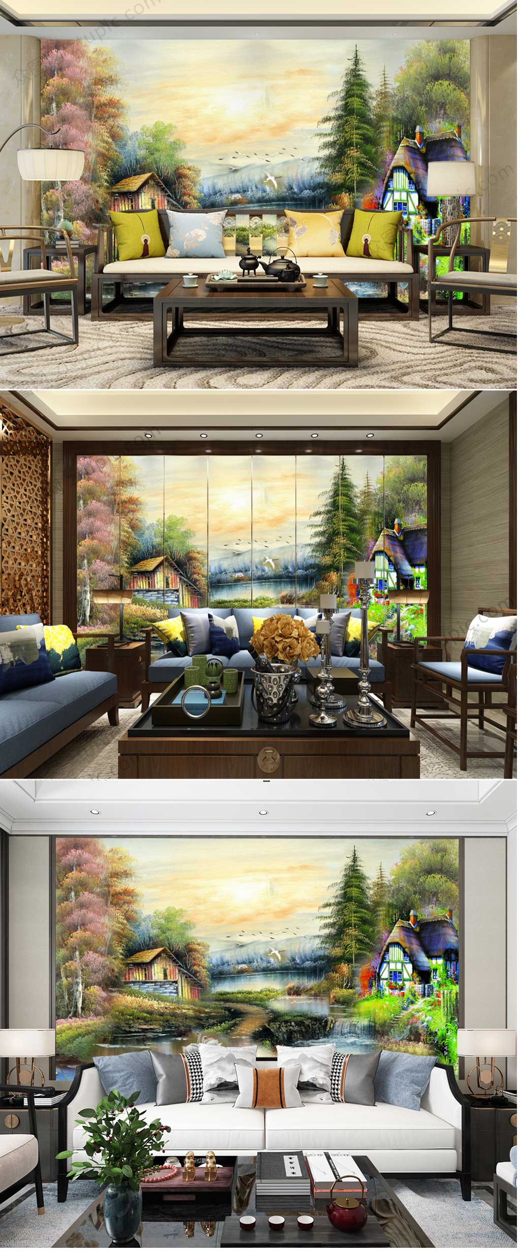 手绘风景现代背景墙素材