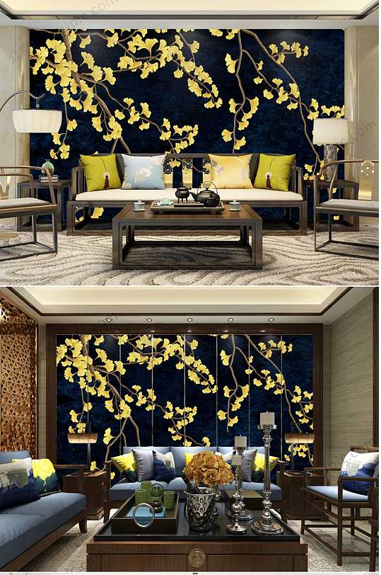 新中式银杏叶子背景墙