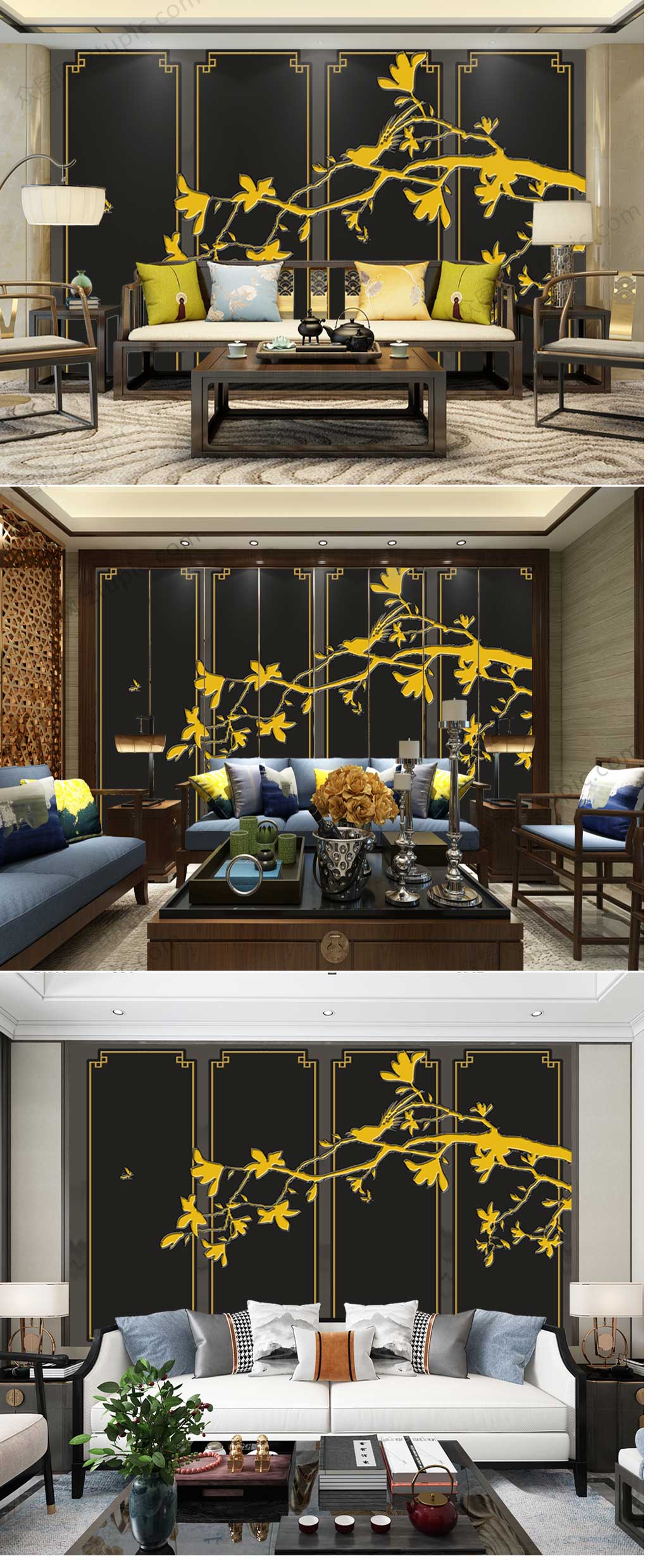 轻奢花鸟工笔画壁画素材