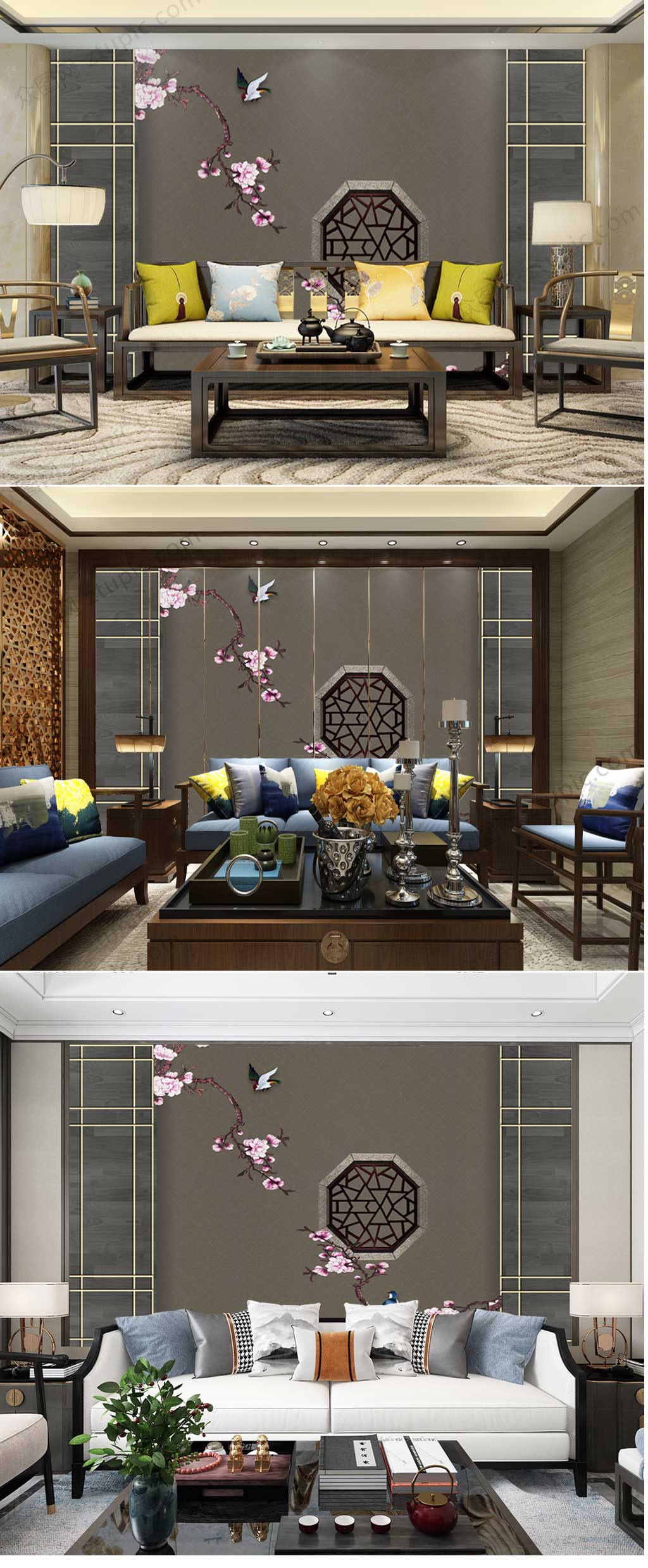 轻奢花鸟工笔中式背景墙素材