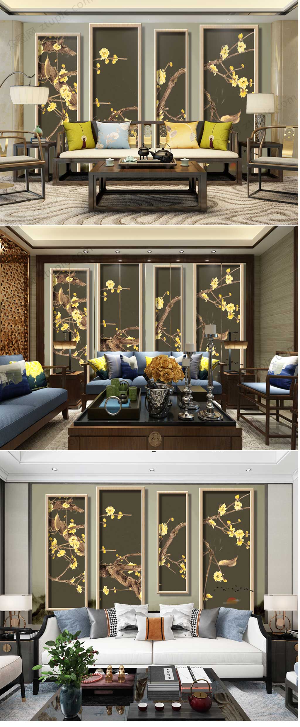 金色花鸟工笔背景墙素材