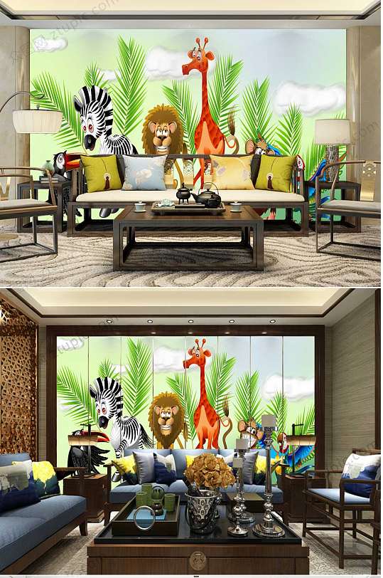 卡通动物植物背景墙-众图网