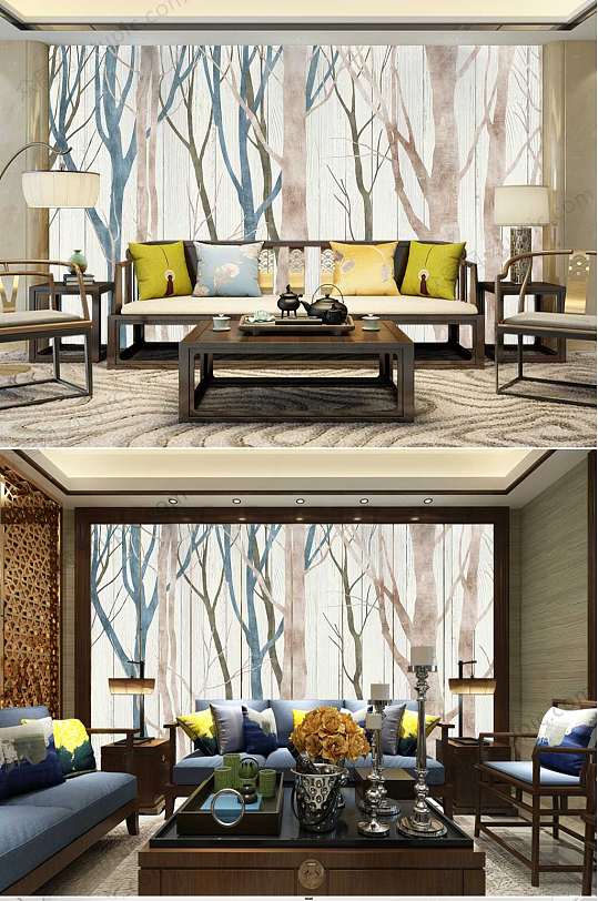 手绘树枝森林背景墙-众图网