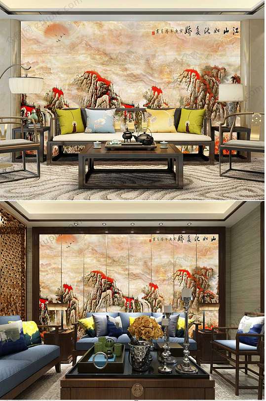 石纹山水梅花背景墙-众图网