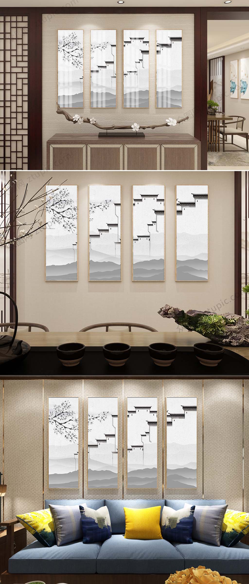 江南四联装饰挂画素材