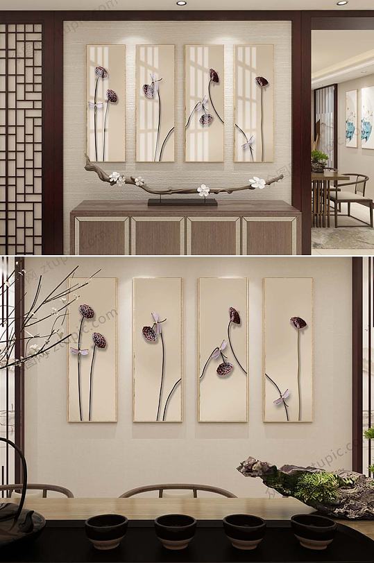 莲藕装饰四联挂画客厅装饰画有框画-众图网