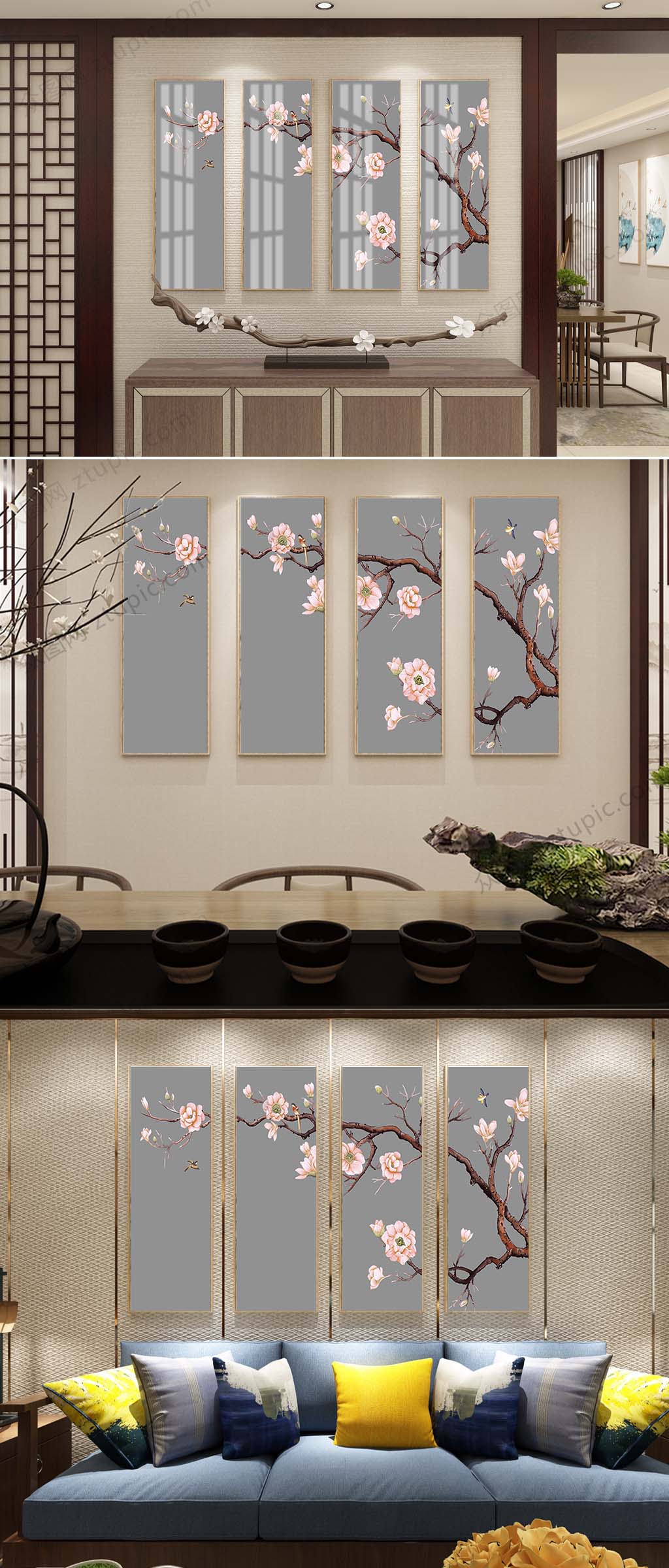 四联花鸟装饰挂画素材