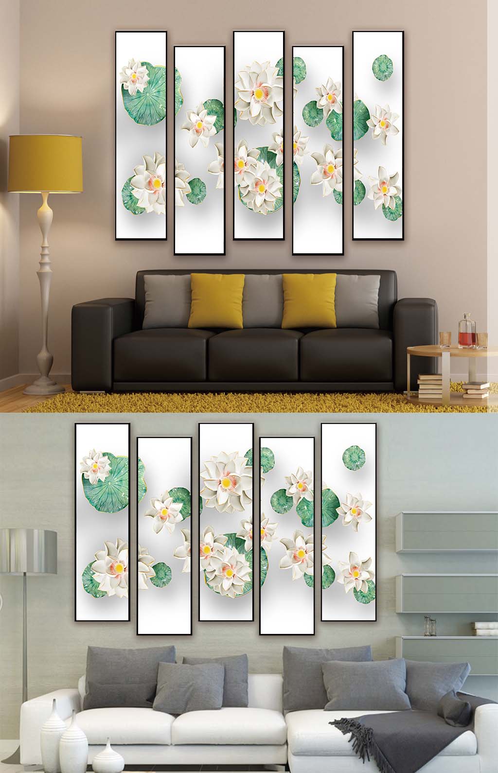 荷花池五联装饰挂画素材
