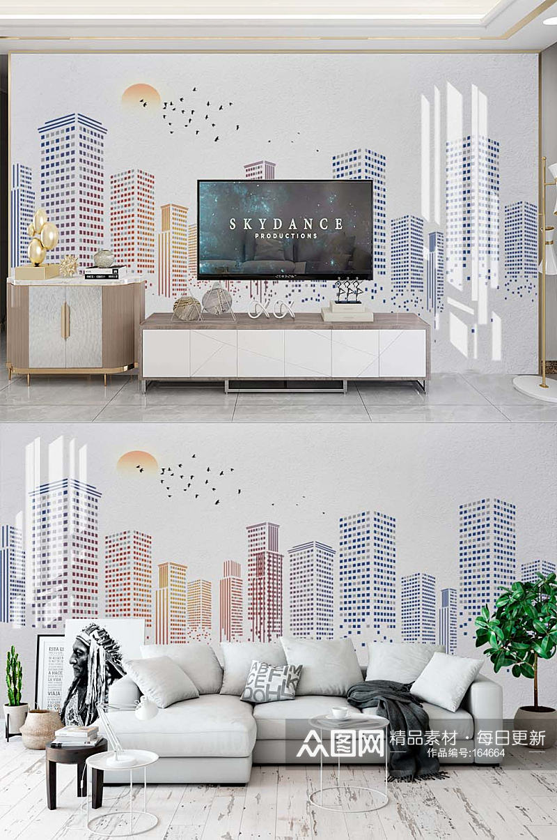 现代沙发电视背景墙素材