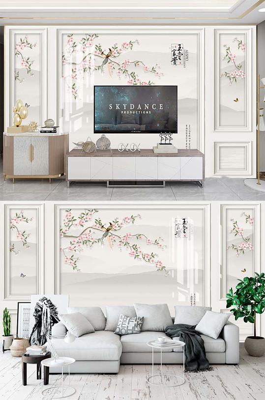 手绘花鸟图背景墙-众图网