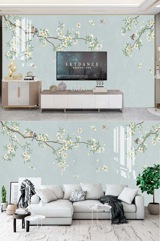 花鸟手绘电视背景墙-众图网