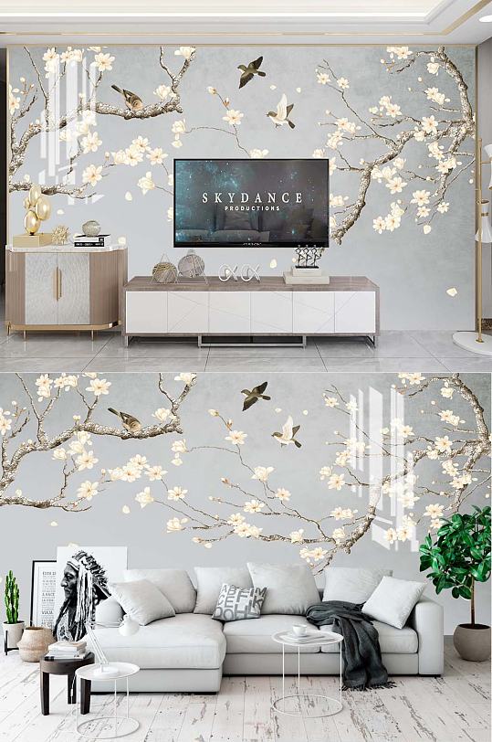 客厅花鸟电视背景-众图网