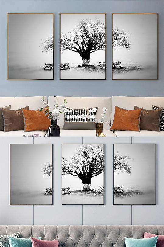 北欧黑白风景三联装饰画