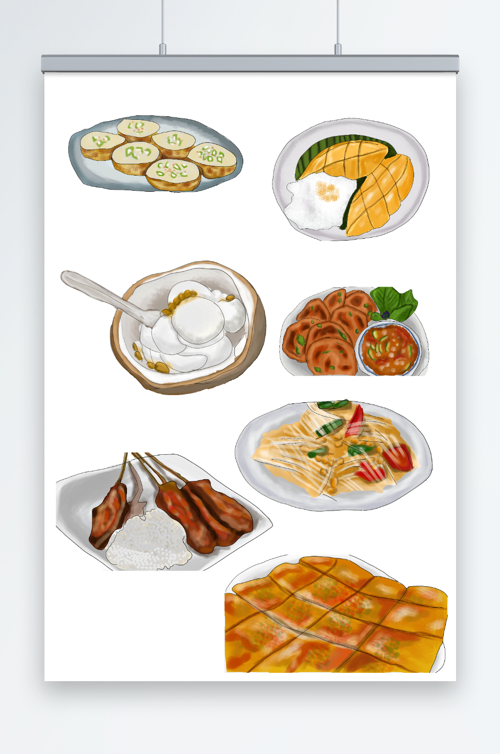 手绘菠萝椰子泰国美食元素插画素材