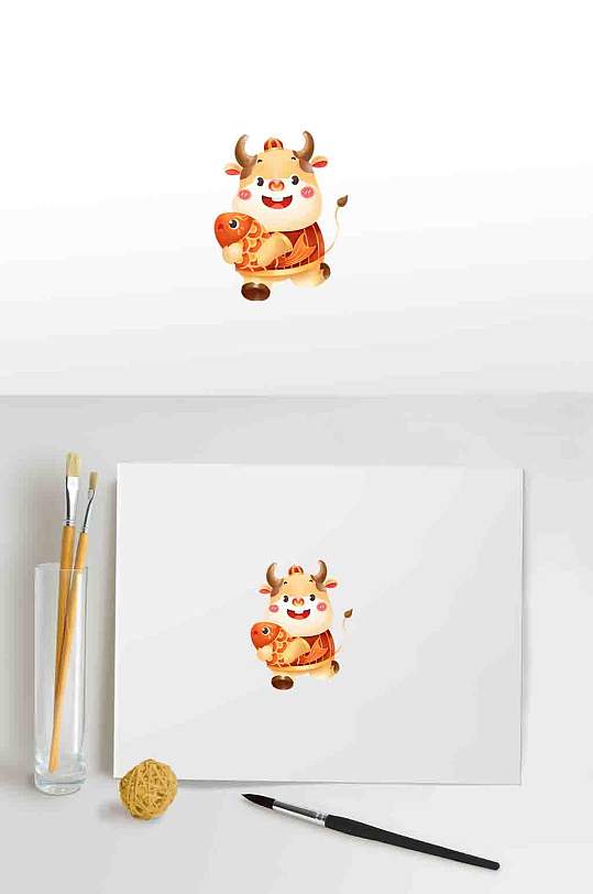 牛抱金鱼小插画素材